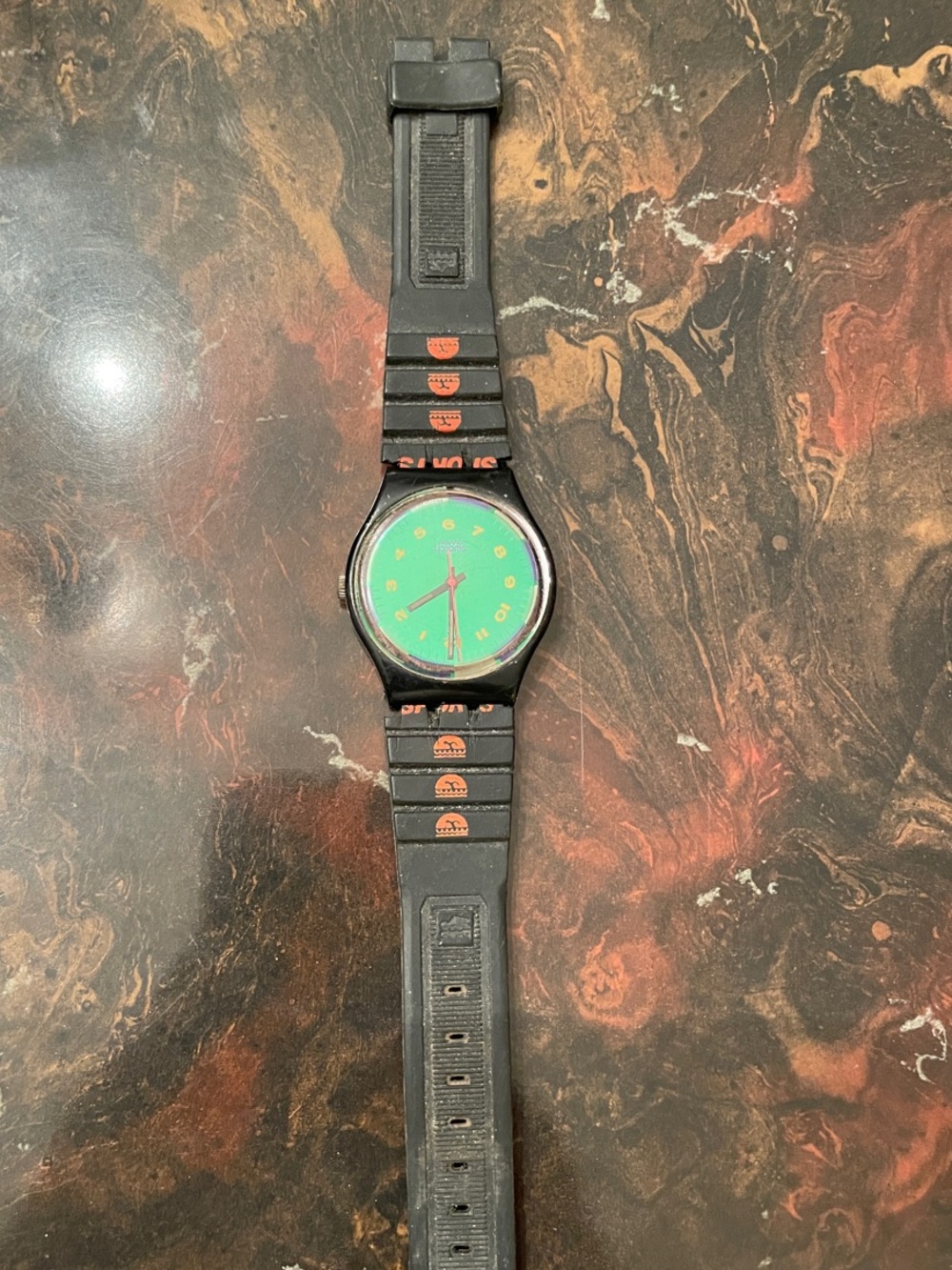 Swatch Black Strap Watch with Green Dial and Orange Accents vintage as is
